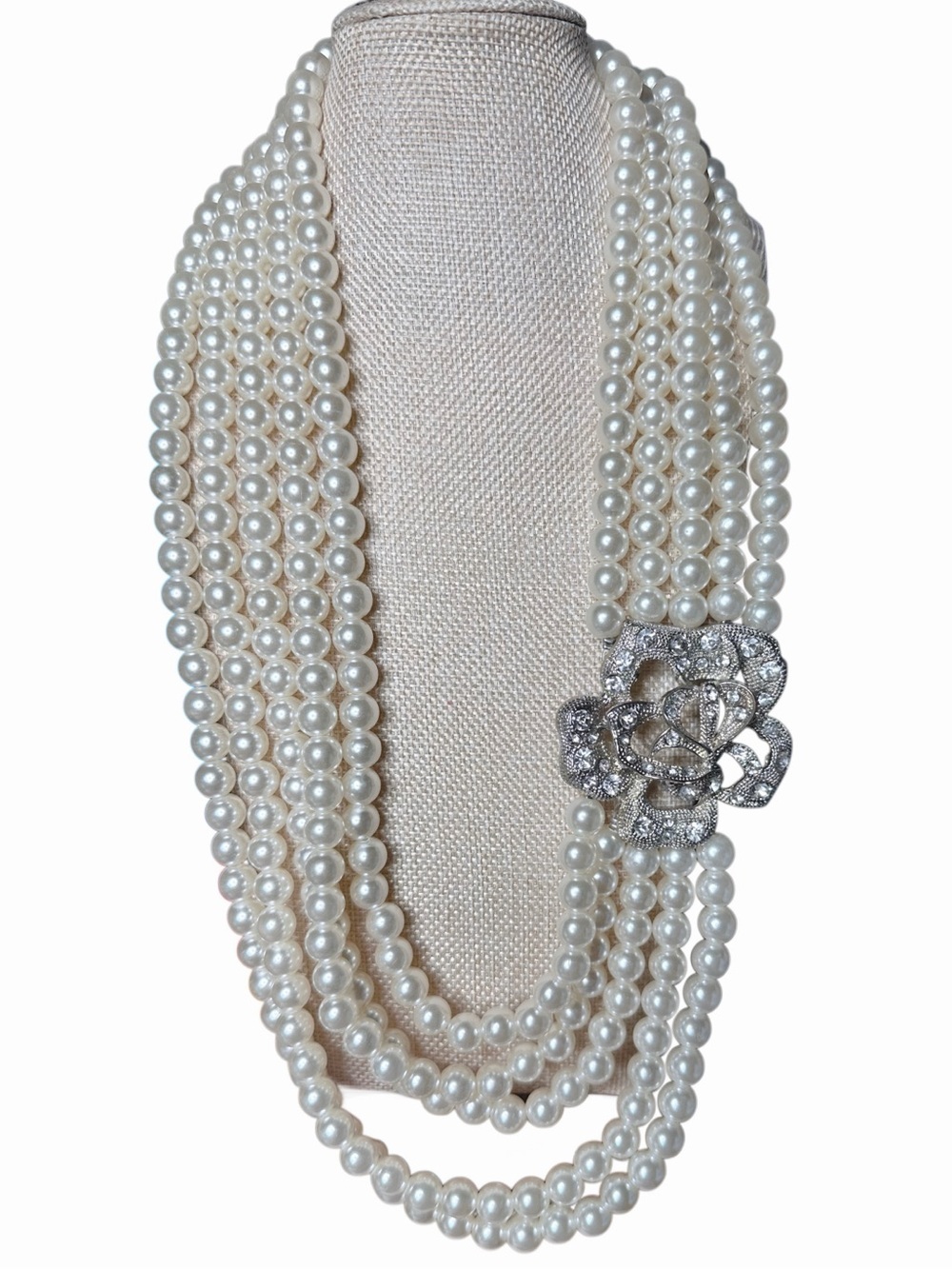 Multi-Strand White Pearl Necklace with Crystal Flower